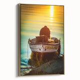 Framed canvas featuring a vintage-style Sicilian landscape in muted gold and black tones, ideal for bedroom wall decor.