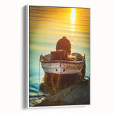 Vintage poster art of a Sicilian landscape on framed canvas, featuring vibrant colors, ideal for living room decor.