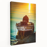 Large stretched canvas depicting a serene Sicilian landscape in muted earth tones, ideal for kitchen wall art.