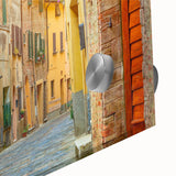 Mid-century modernist style acrylic print of abstract Tuscan landscape in muted earth tones, ideal for dining room art.