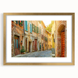 Abstract art print of Tuscan landscape in earthy tones on a framed gold mat, suitable for dining room or bedroom decor.