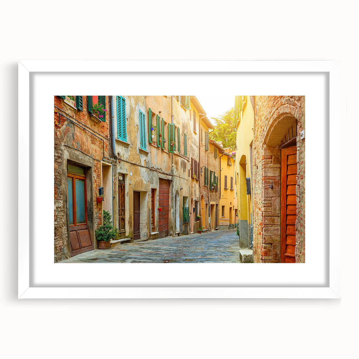 Textured art of a Tuscan landscape in muted earth tones on a framed white mat, ideal for bedroom decor.