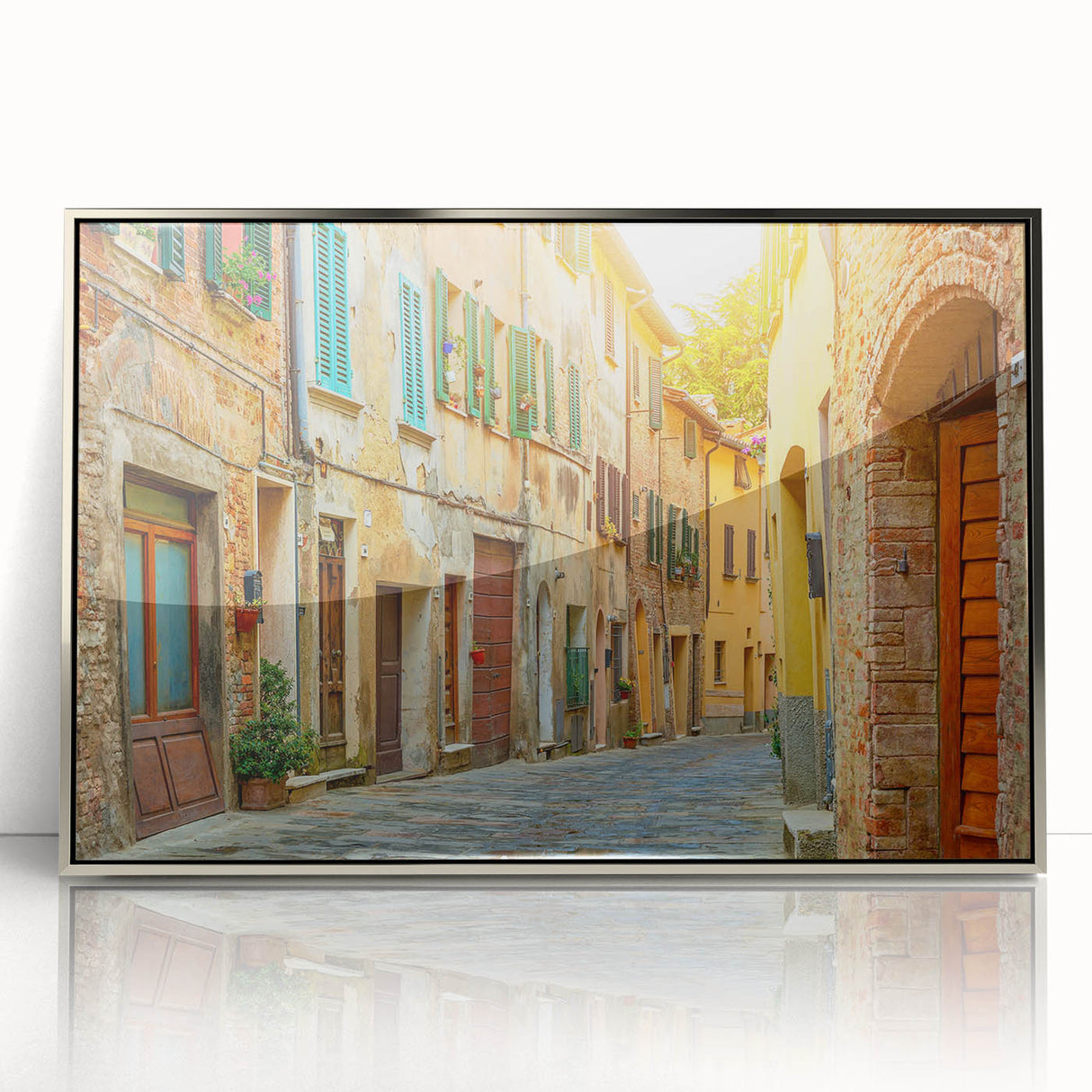 Framed acrylic print of Tuscany landscape in muted earth tones, ideal for modern art wall decor.