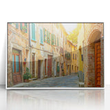 Framed acrylic print of a Tuscan landscape in muted earth tones, styled in mid-century modernist art.