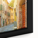 Extra large framed canvas of a textured Tuscan landscape in black with colorful accents, ideal for living room decor.
