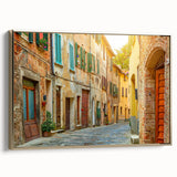 Framed canvas of a Tuscan landscape in muted earth tones, ideal for bedroom wall art.