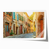 Rolled print of a Tuscan landscape with vibrant green fields and distant hills, ideal for dining room wall art.