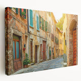 Side view of a stretched canvas featuring a Tuscan landscape in earthy tones, ideal for kitchen wall art.