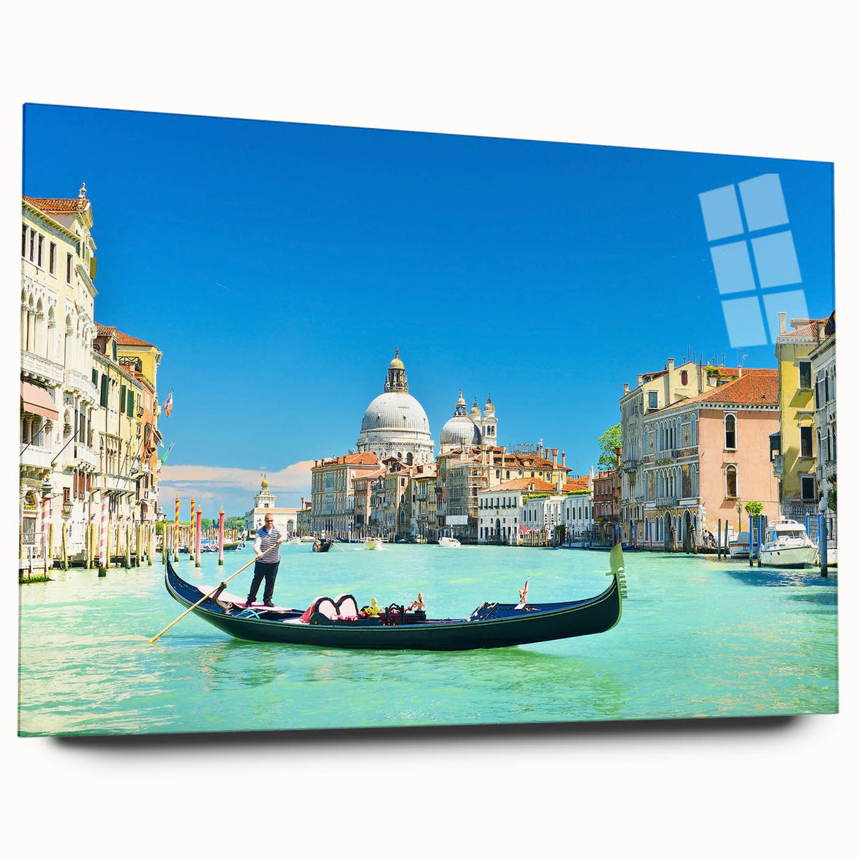 Acrylic print of a Venice scenery with vivid blue and aqua tones, ideal for bedroom or dining room art.