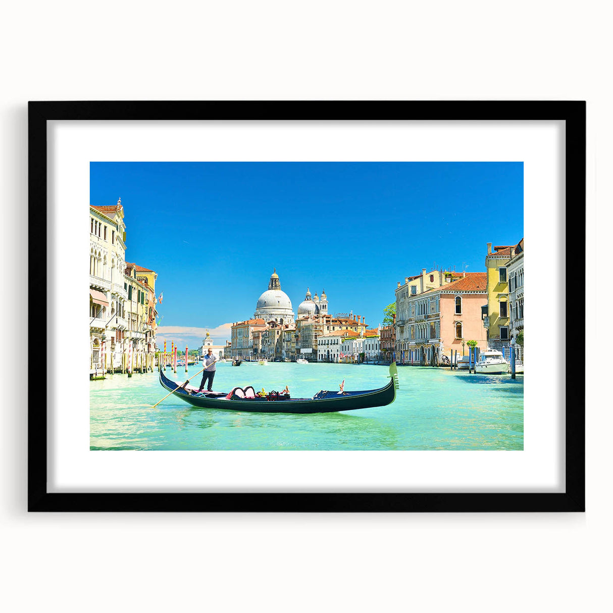 Extra large framed wall art of an abstract Venice scenery in vibrant, colorful hues, ideal for living room decor.