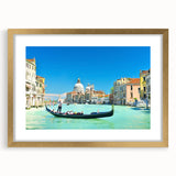 Abstract art print of Venice scenery in gold frame, featuring muted earth tones, ideal for dining room decor.