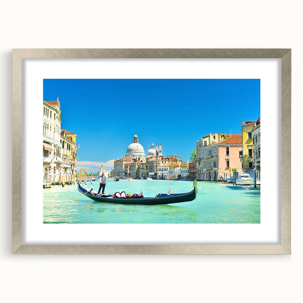 Extra large abstract art print of Venice in textured hues of blue and gray, framed with a silver mat.