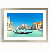 Extra large abstract art print of Venice in textured hues of blue and gray, framed with a silver mat.