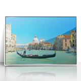 Mid-century modernist art of Venice scenery in muted earth tones on framed acrylic, ideal for nursery wall art.