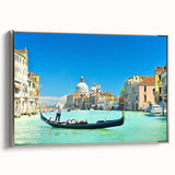 Landscape art painting of Venice with colorful buildings and gondolas on a silver-framed canvas.