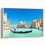 Vintage poster art of Venice scenery on framed canvas, featuring colorful imagery and black accents.