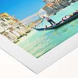 Art deco poster of Venice scenery on rolled canvas, featuring muted blue and orange tones, ideal for dining room wall art.