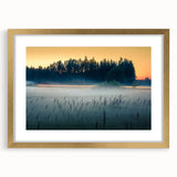 Abstract art print of a European landscape in muted earth tones, framed in gold, suitable for bedroom or dining room decor.