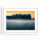 Textured abstract art print of a European scenery in Latvia, featuring muted earth tones on a framed white mat canvas.
