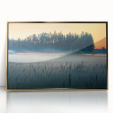 Art deco poster of a European Latvia scenery in muted gold tones on framed acrylic.