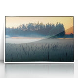 Mid-century modernist art depicting a scenic Latvian landscape in muted earth tones, framed acrylic.