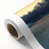 Art deco poster of a Latvian landscape on rolled canvas, featuring pastel shades, ideal for nursery wall art.