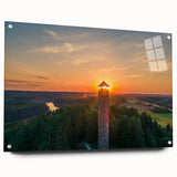 Acrylic print of a European landscape in soft blue and green hues, suitable for bedroom or dining room decor.