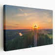 Large art print of a European landscape in muted green and blue tones on stretched canvas, ideal for kitchen wall decor.