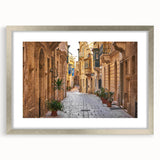 Extra large textured abstract art print of European scenery in Malta, displayed in a silver frame with mat.