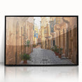 Large abstract wall art depicting a European Malta scenery in muted earth tones on a black framed acrylic.