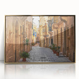Art deco poster of Malta scenery in muted gold and blue tones on framed acrylic, suitable for modern art wall decor.