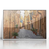 Mid-century modernist art depicting a scenic European landscape in Malta, framed acrylic with a white border.