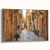 Framed canvas of a vintage-style Malta landscape in muted gold and black tones, ideal for bedroom wall decor.