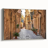 Landscape art painting of Malta on a framed canvas, featuring vintage poster style with colorful art and black accents.