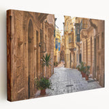 Side view of a stretched canvas featuring a European Malta scenery in natural and blue tones, suitable for kitchen wall art.