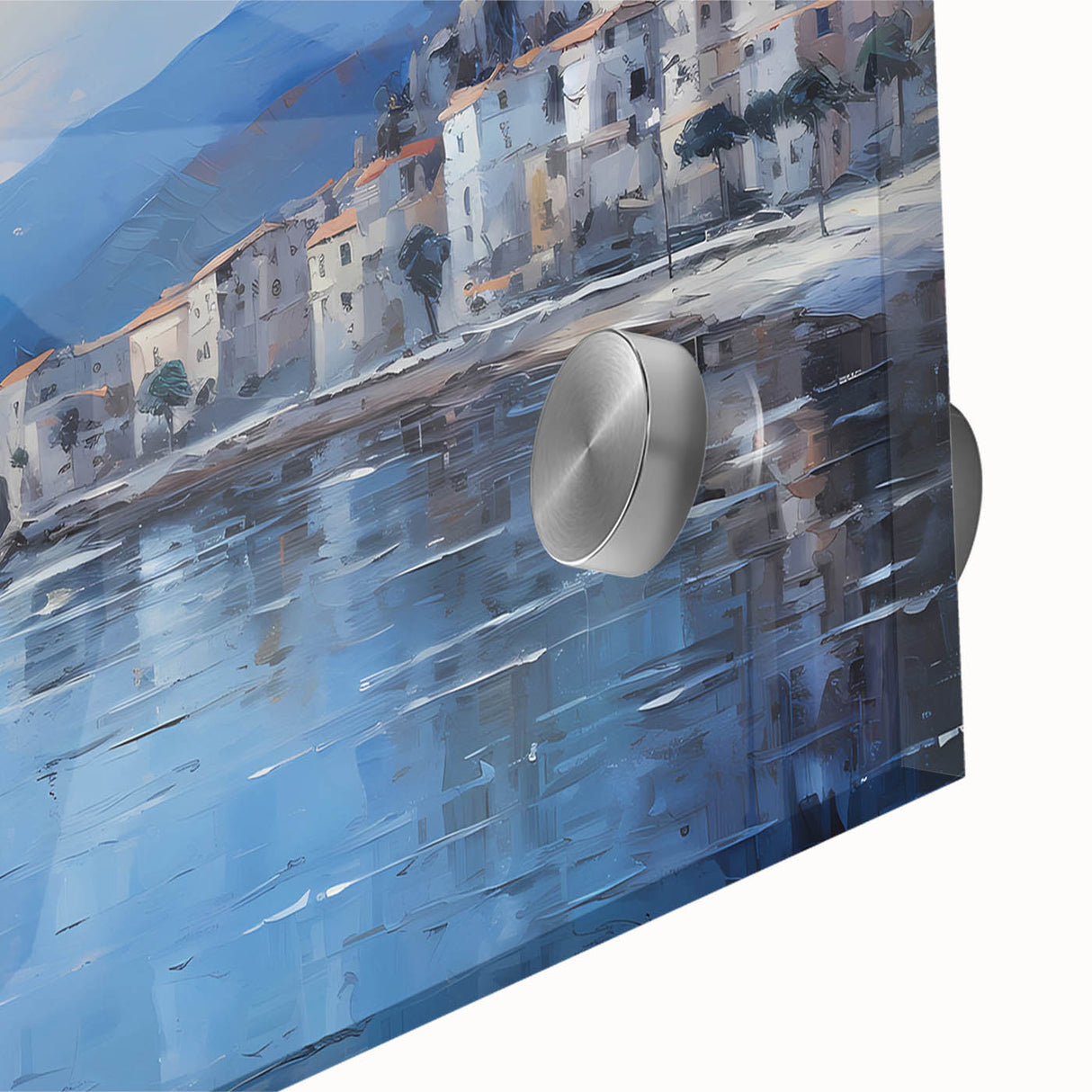 Large abstract wall art of the Mediterranean Sea in vibrant blue tones on acrylic glass, ideal for dining room ambiance.