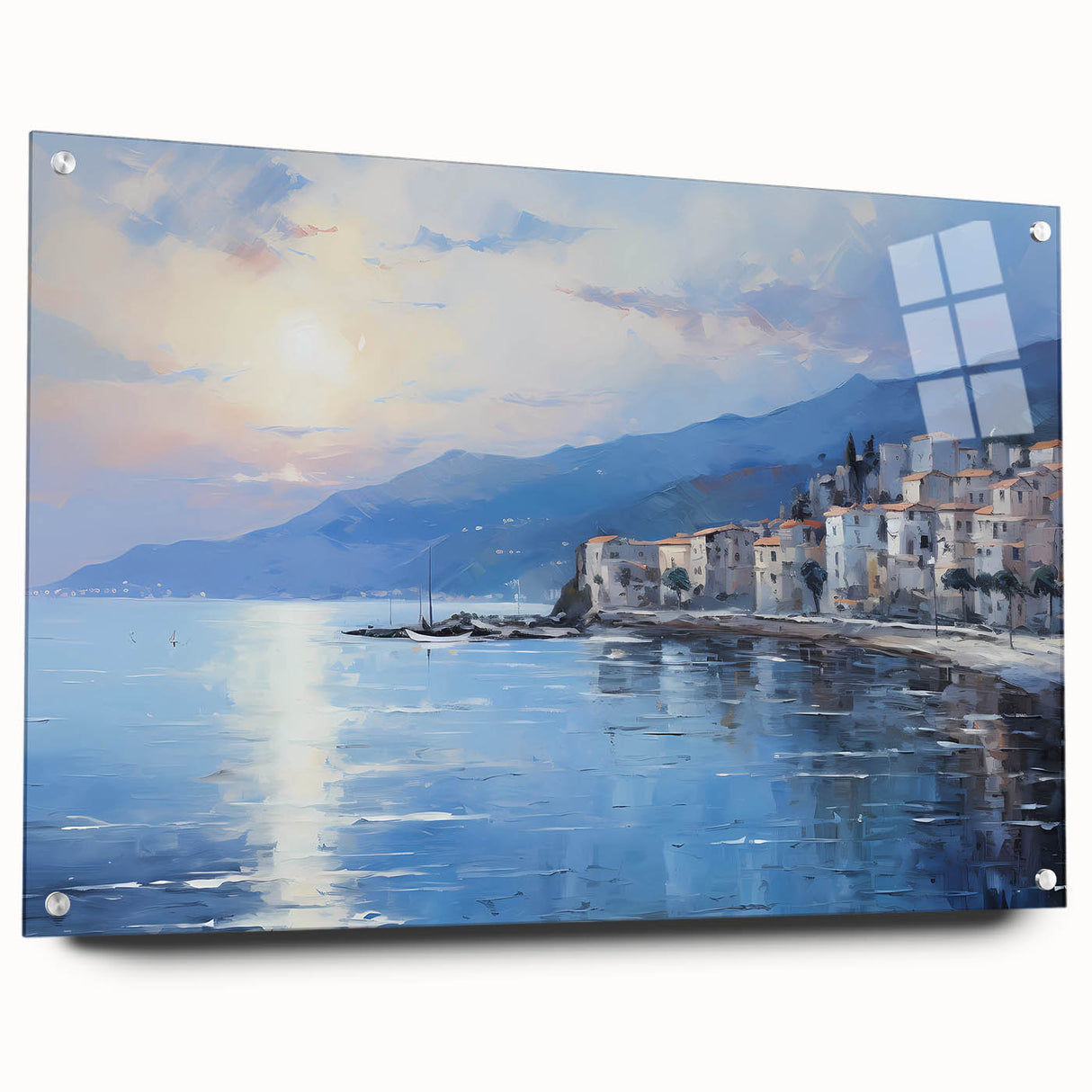 Acrylic print of a Mediterranean seascape with deep blue and turquoise waters, ideal for dining room decor.