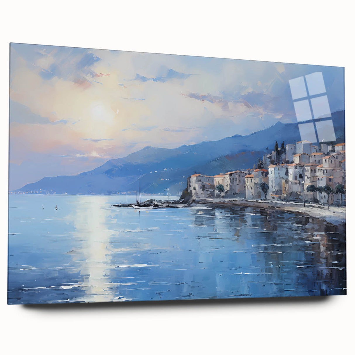 Large abstract wall art depicting the Mediterranean Sea in muted blue and green tones, acrylic print.