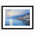 Extra large abstract art print of the Mediterranean Sea in vibrant, colorful hues on a textured canvas, framed in black.