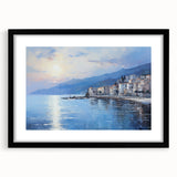 Extra large abstract art print of the Mediterranean Sea in vibrant, colorful hues on a textured canvas, framed in black.