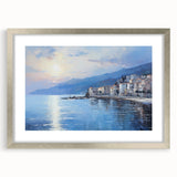 Extra large textured abstract art print of a Mediterranean seascape in silver frame, ideal for living room decor.