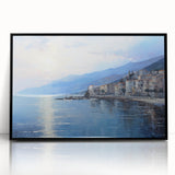Large abstract wall art of the Mediterranean Sea in muted blue and green tones on a framed acrylic.