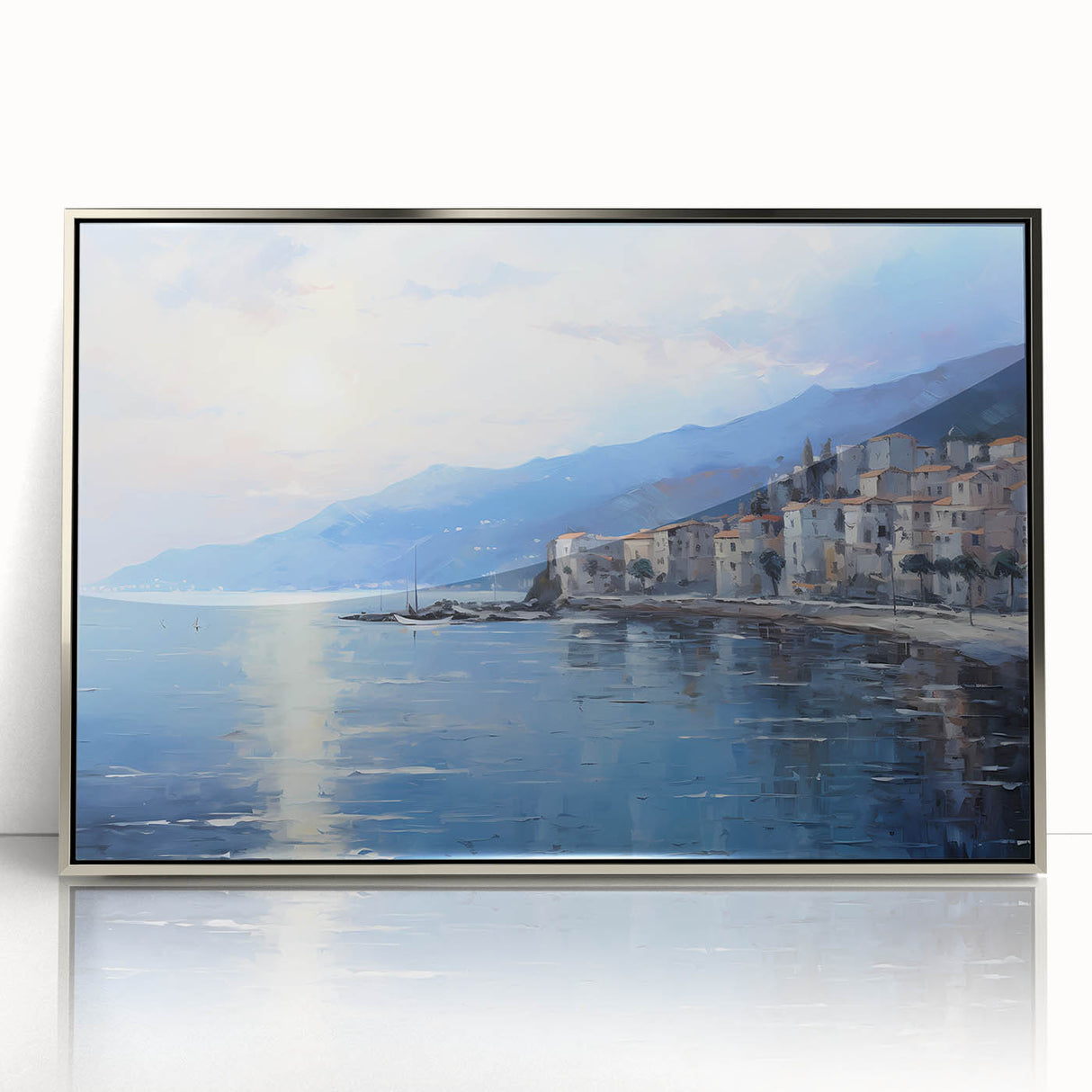 Framed acrylic print of a Mediterranean seascape in soft blue and white tones, ideal for modern art wall decor.