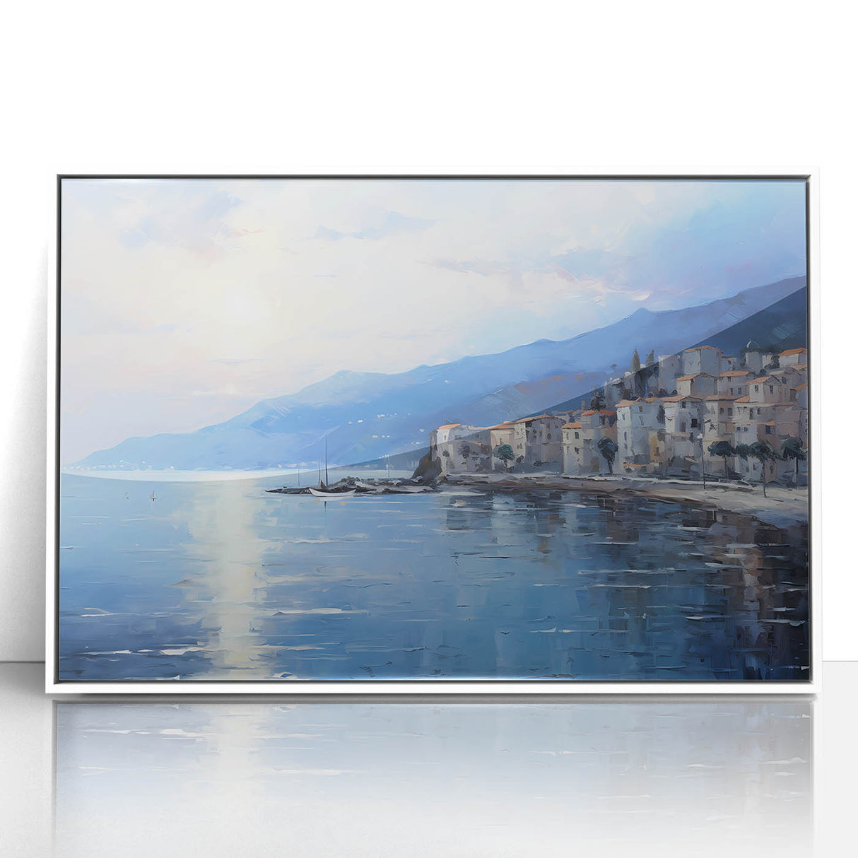 Mid-century modernist art depicting the Mediterranean Sea in muted blue tones on a framed acrylic.