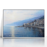 Mid-century modernist art depicting the Mediterranean Sea in muted blue tones on a framed acrylic.