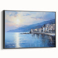 Black and white framed canvas of a Mediterranean landscape, ideal for bedroom wall art with a vintage poster style.