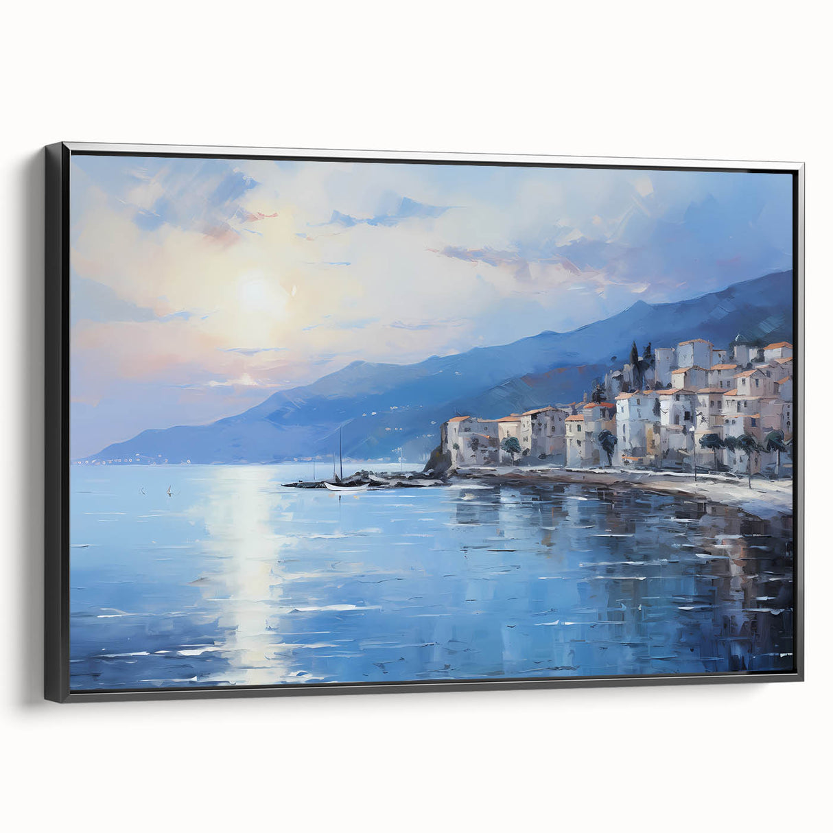 Black and white framed canvas of a Mediterranean landscape, ideal for bedroom wall art with a vintage poster style.