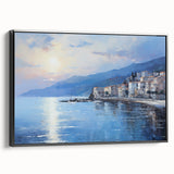 Black and white framed canvas of a Mediterranean landscape, ideal for bedroom wall art with a vintage poster style.