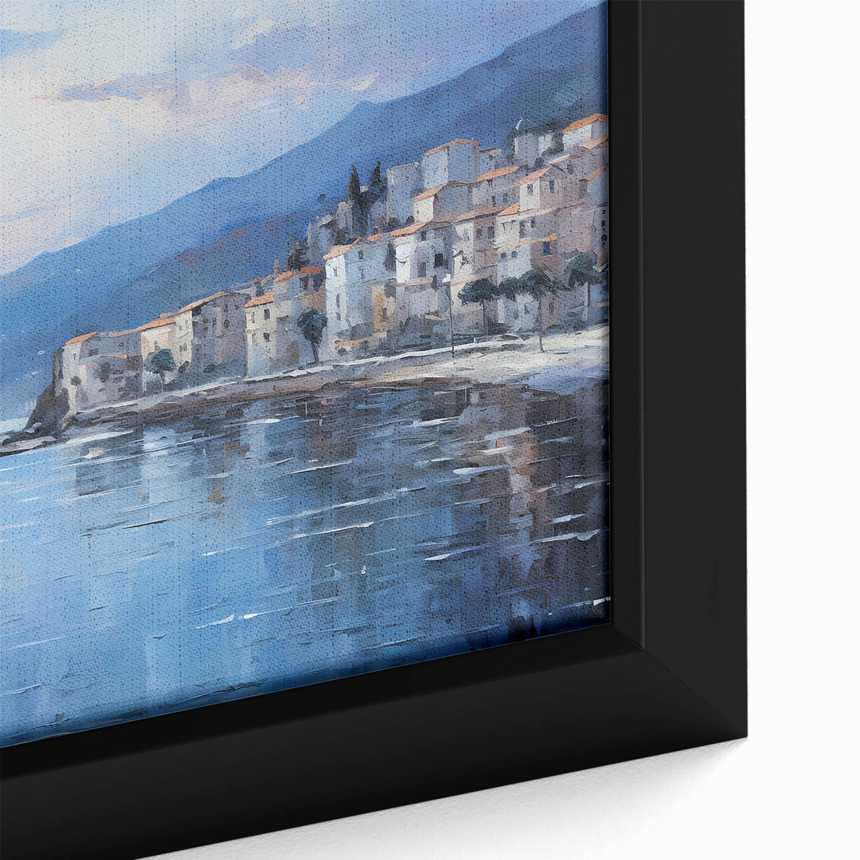 Black wall art featuring a textured Mediterranean seascape in colorful hues on a framed canvas.