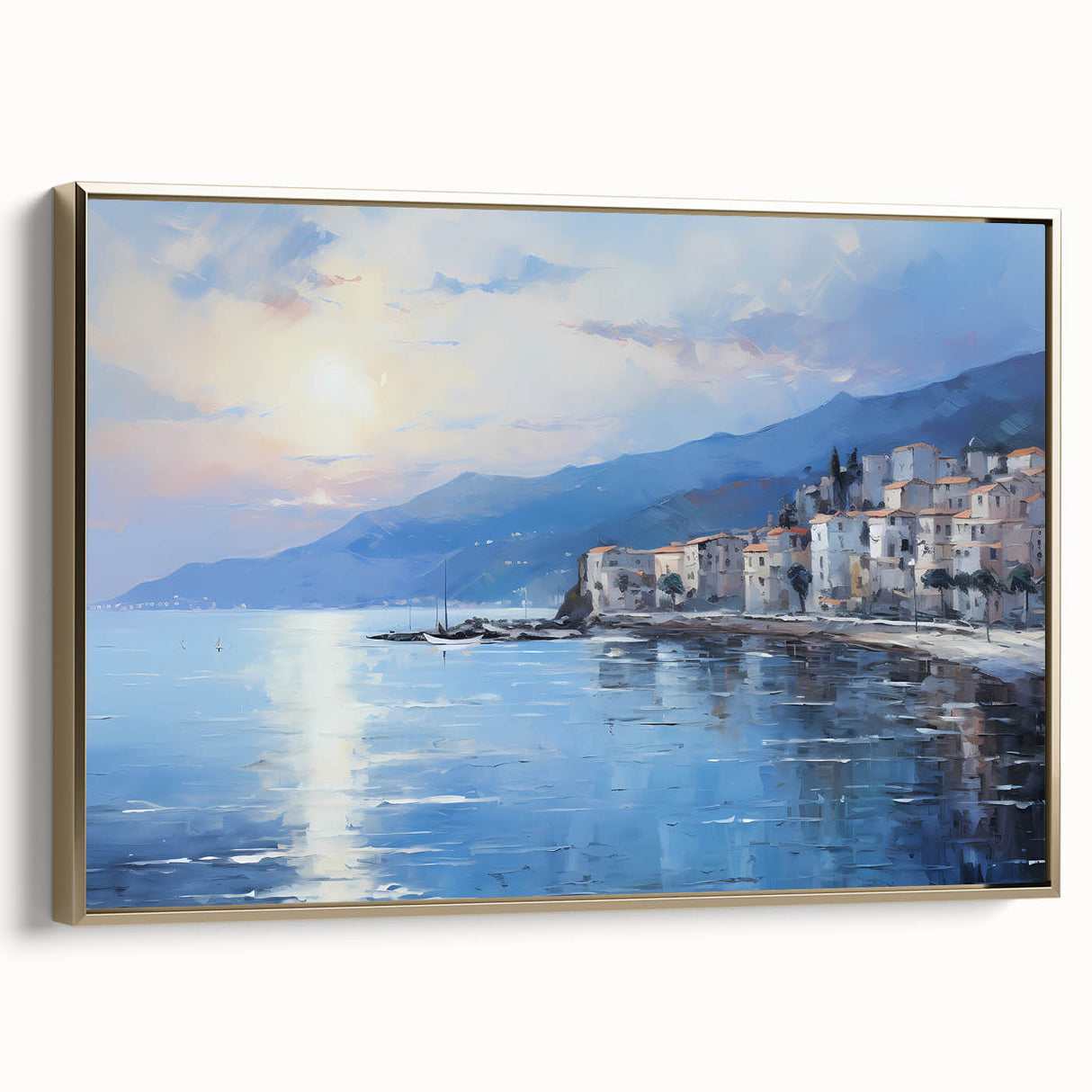 Framed canvas depicting a vintage-style Mediterranean seascape in muted gold and black tones, suitable for bedroom wall art.